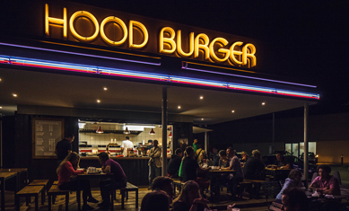 Hood burger at night